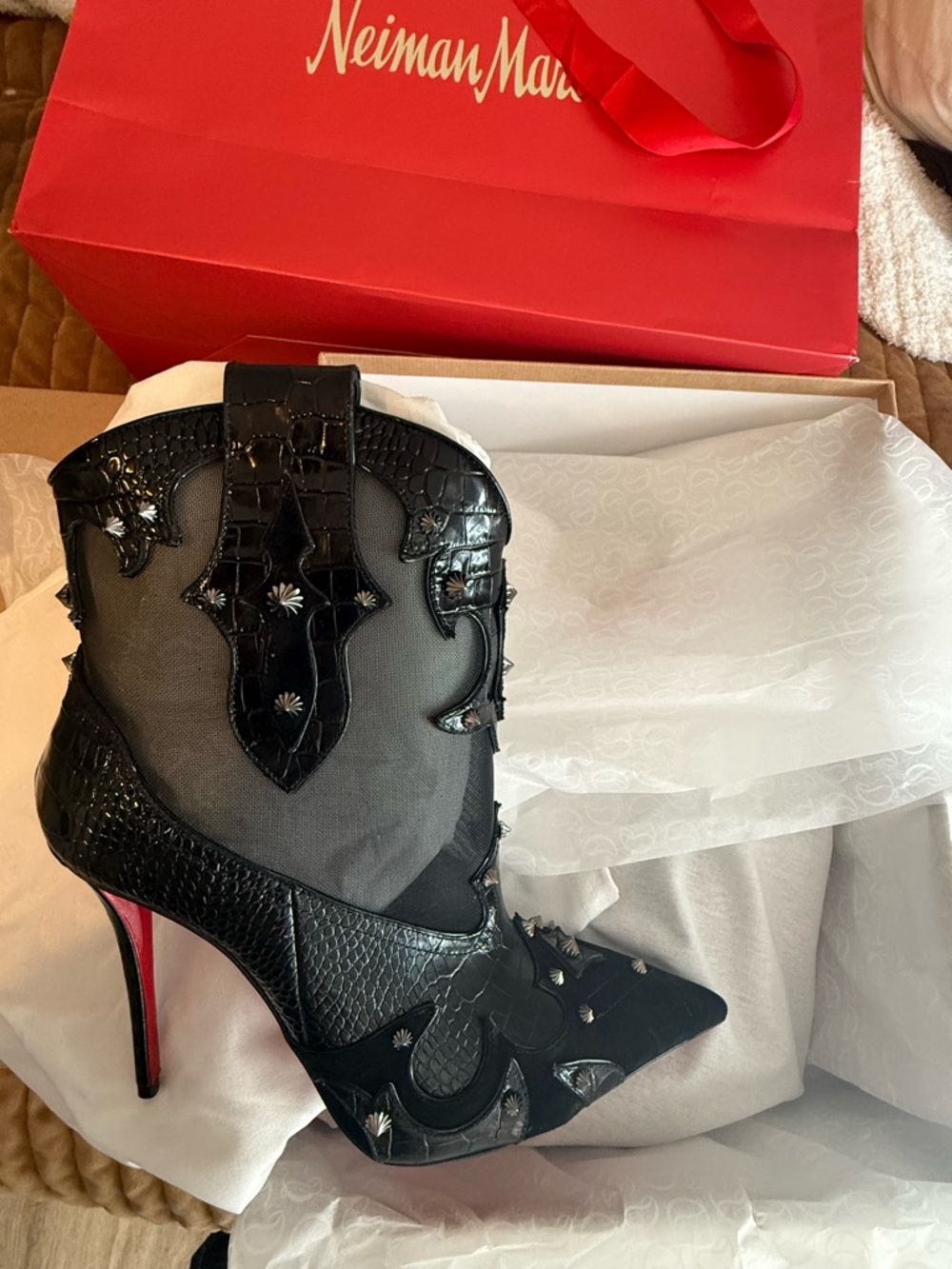 Christian Louboutin Black Mesh & Patent Leather Pointed Stiletto Boot